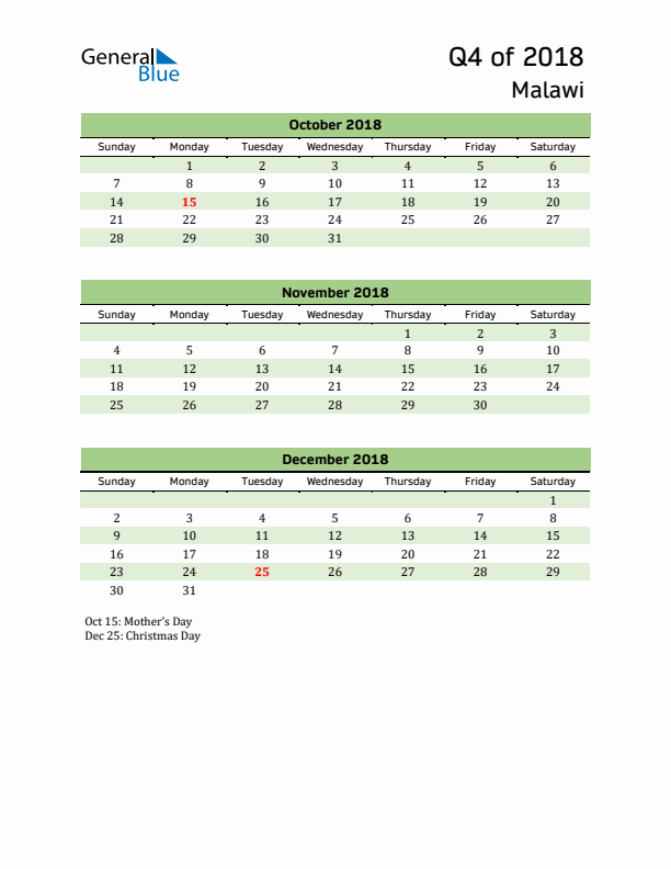 Quarterly Calendar 2018 with Malawi Holidays