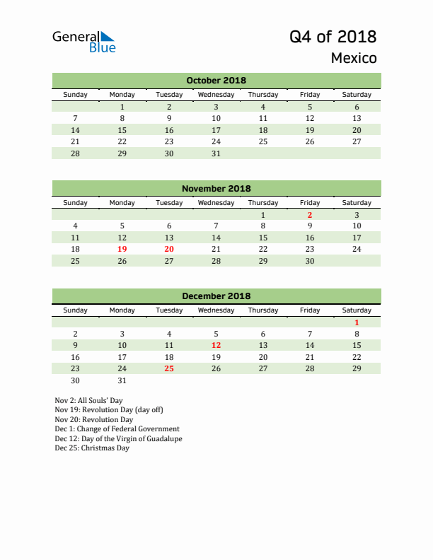 Quarterly Calendar 2018 with Mexico Holidays