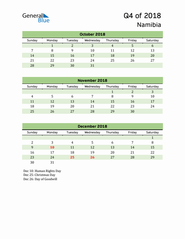 Quarterly Calendar 2018 with Namibia Holidays