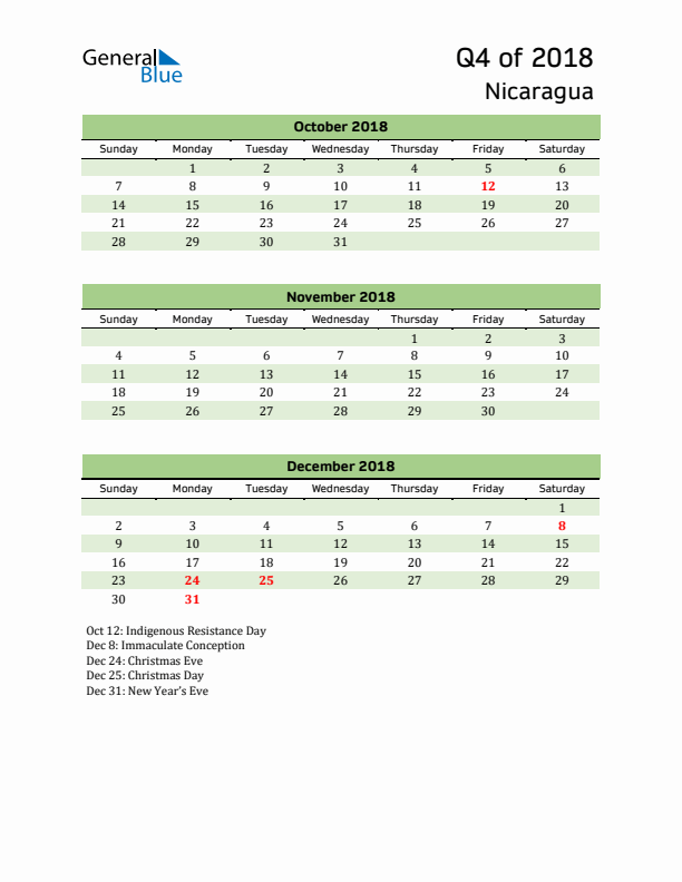 Quarterly Calendar 2018 with Nicaragua Holidays