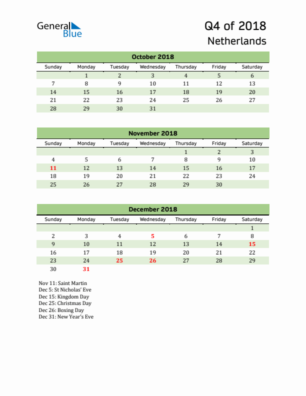 Quarterly Calendar 2018 with The Netherlands Holidays