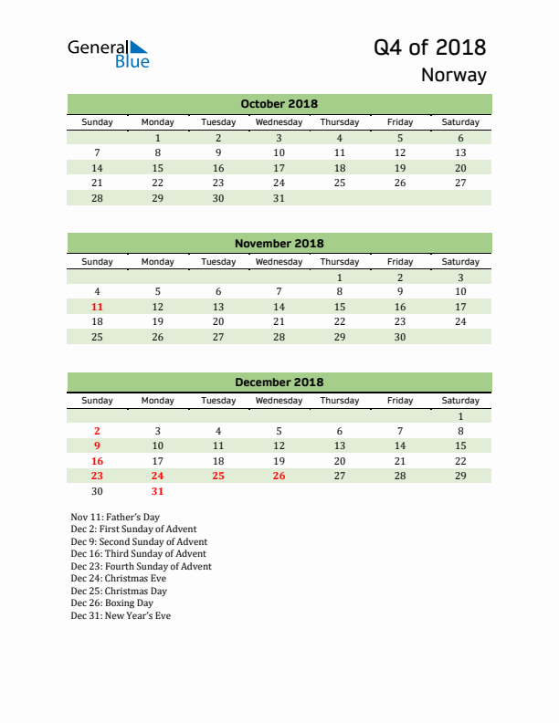 Quarterly Calendar 2018 with Norway Holidays