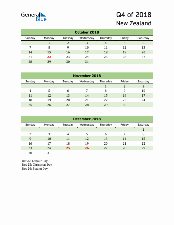 Quarterly Calendar 2018 with New Zealand Holidays