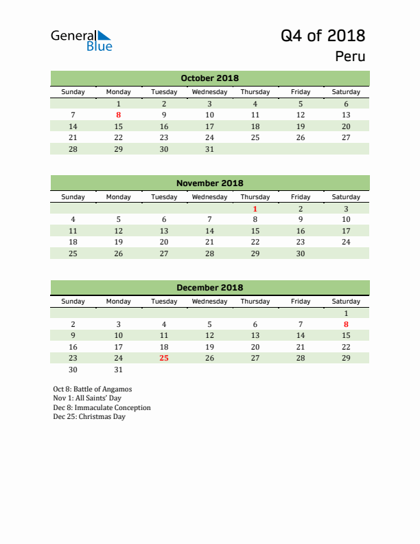 Quarterly Calendar 2018 with Peru Holidays