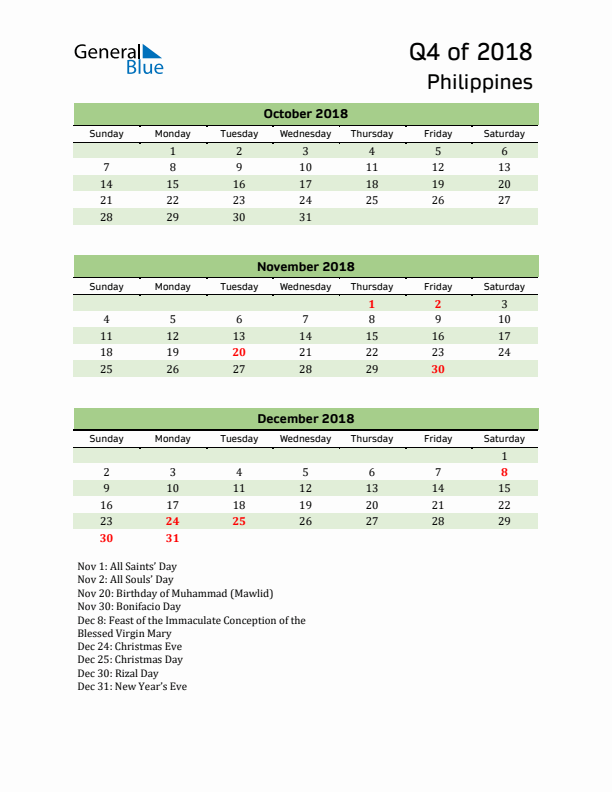 Quarterly Calendar 2018 with Philippines Holidays