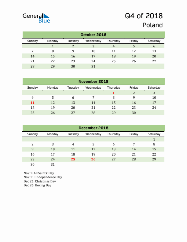 Quarterly Calendar 2018 with Poland Holidays