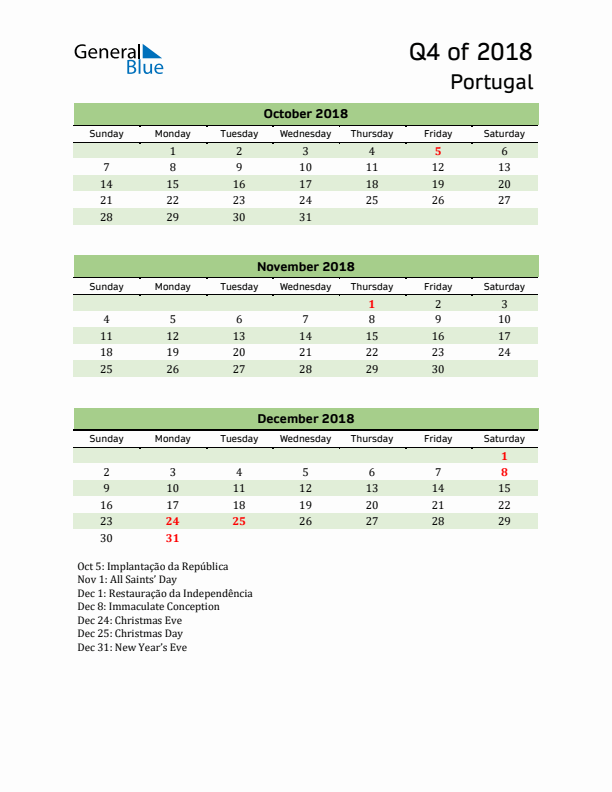 Quarterly Calendar 2018 with Portugal Holidays