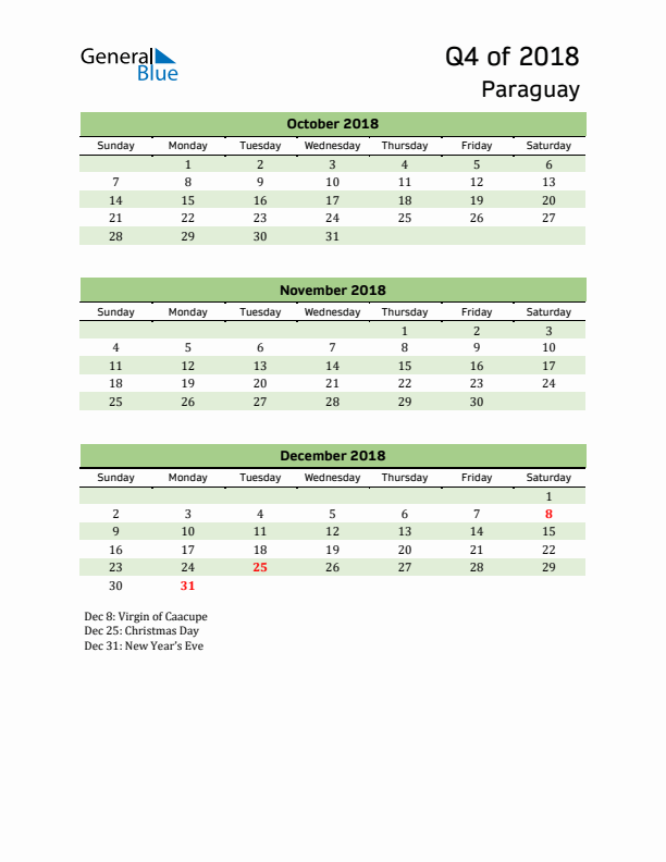 Quarterly Calendar 2018 with Paraguay Holidays