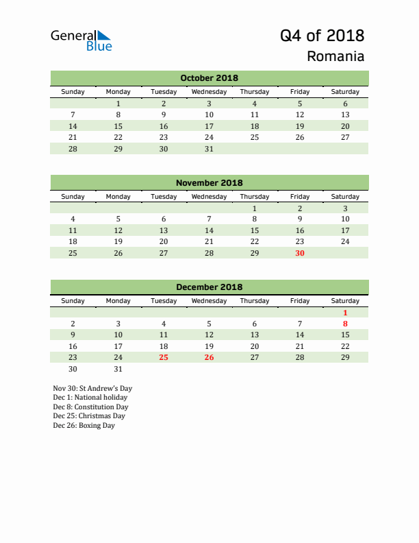 Quarterly Calendar 2018 with Romania Holidays