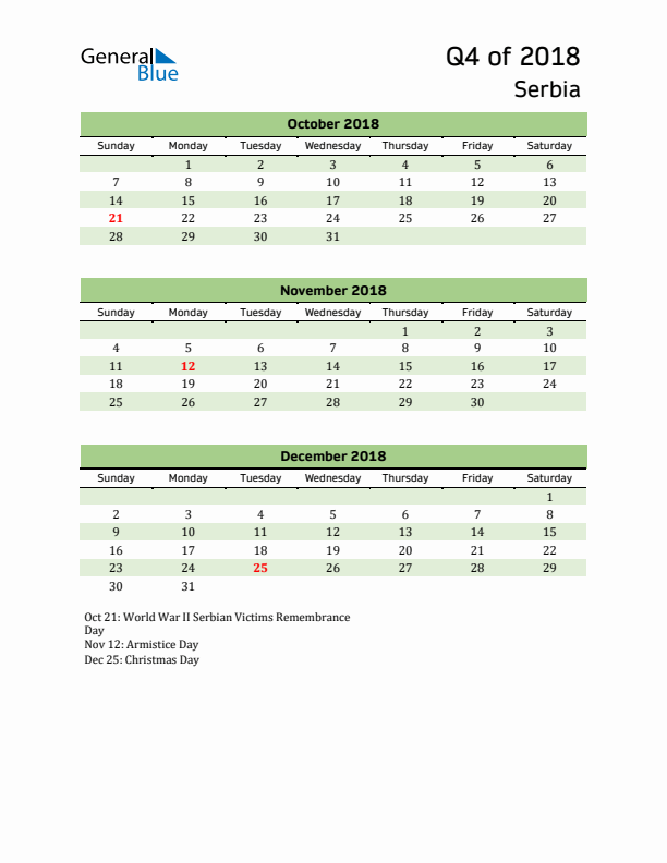 Quarterly Calendar 2018 with Serbia Holidays