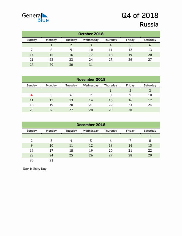 Quarterly Calendar 2018 with Russia Holidays