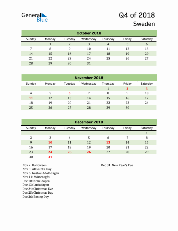 Quarterly Calendar 2018 with Sweden Holidays