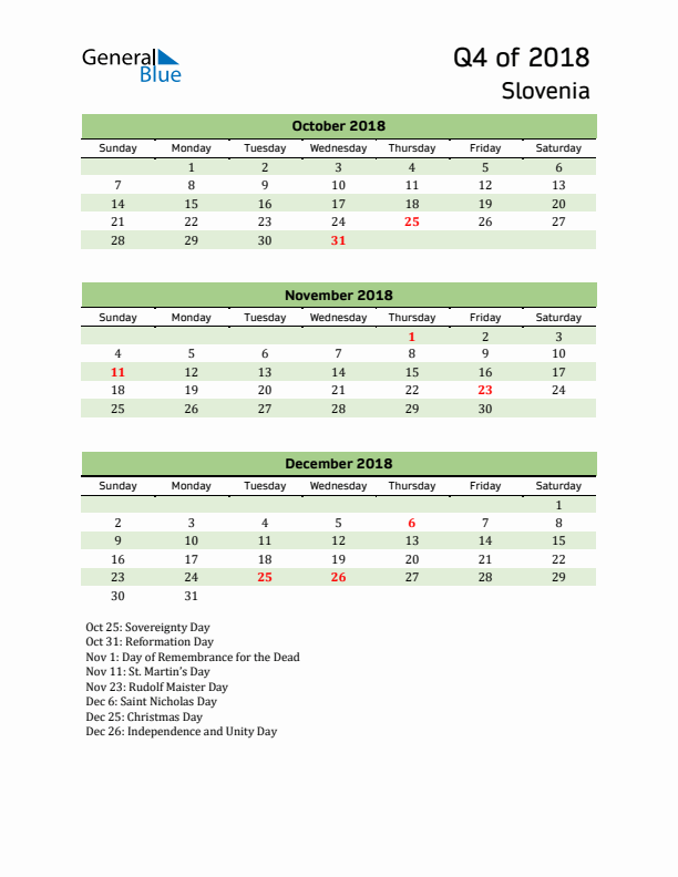 Quarterly Calendar 2018 with Slovenia Holidays