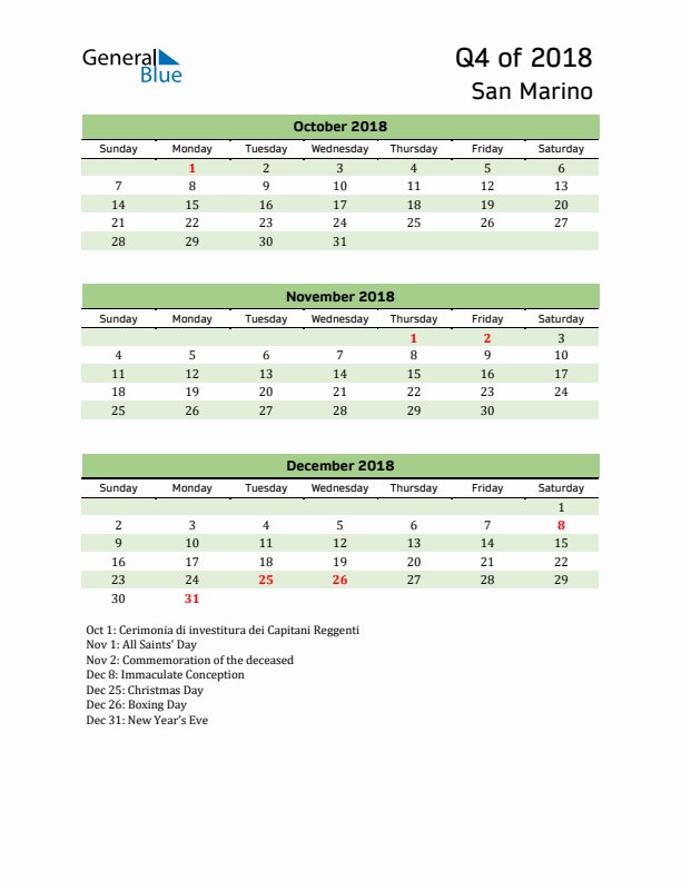 Quarterly Calendar 2018 with San Marino Holidays