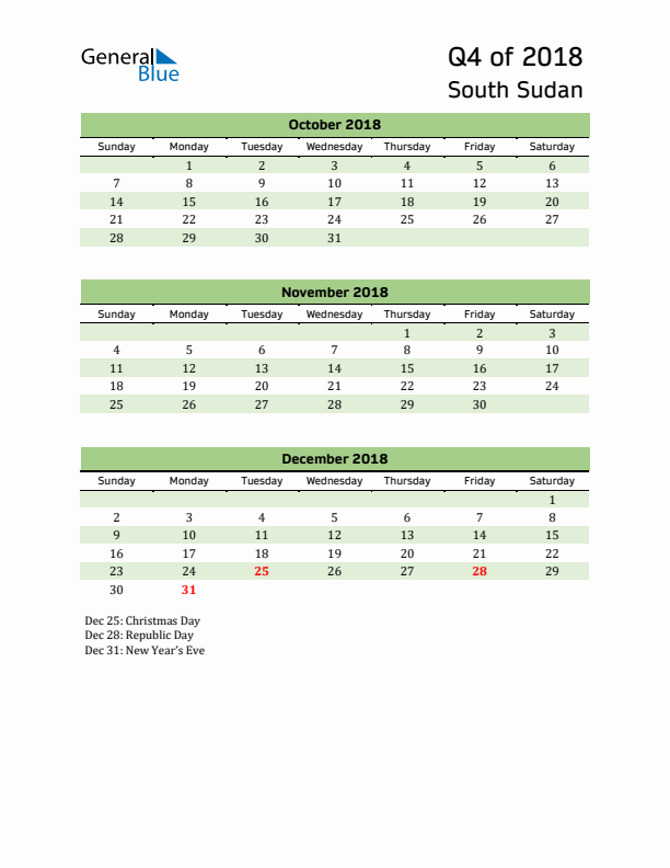 Quarterly Calendar 2018 with South Sudan Holidays