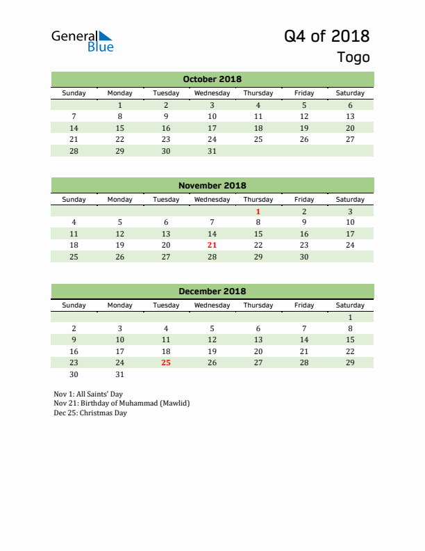 Quarterly Calendar 2018 with Togo Holidays