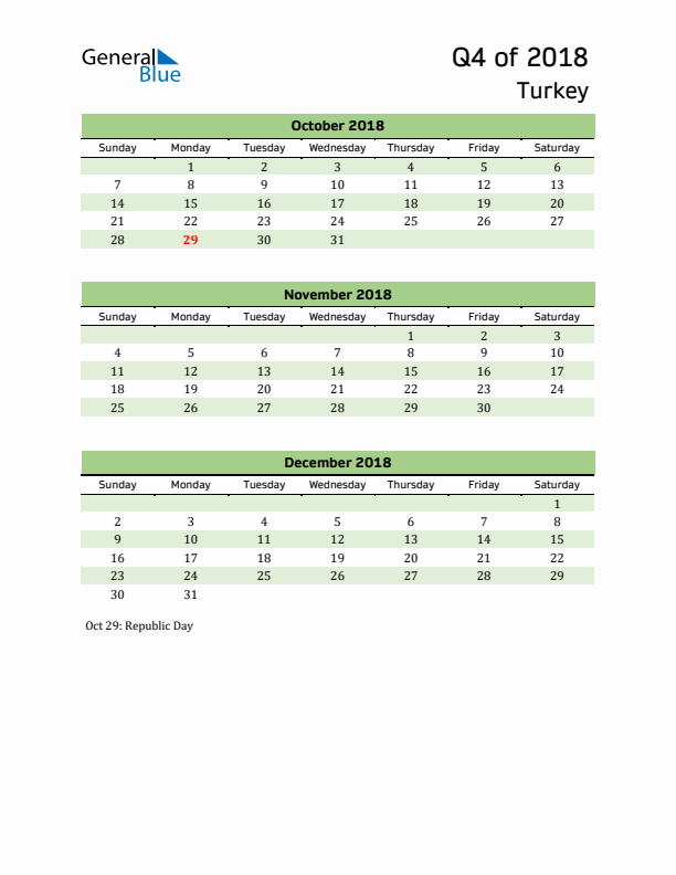 Quarterly Calendar 2018 with Turkey Holidays