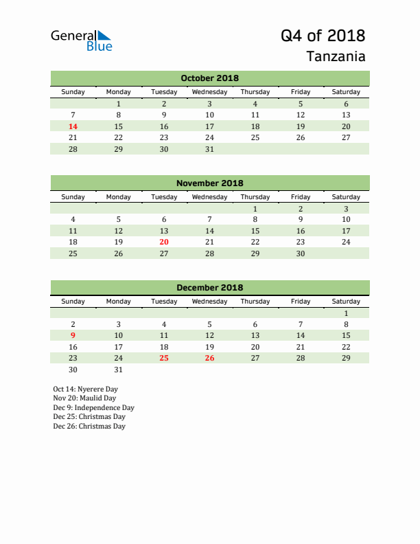 Quarterly Calendar 2018 with Tanzania Holidays