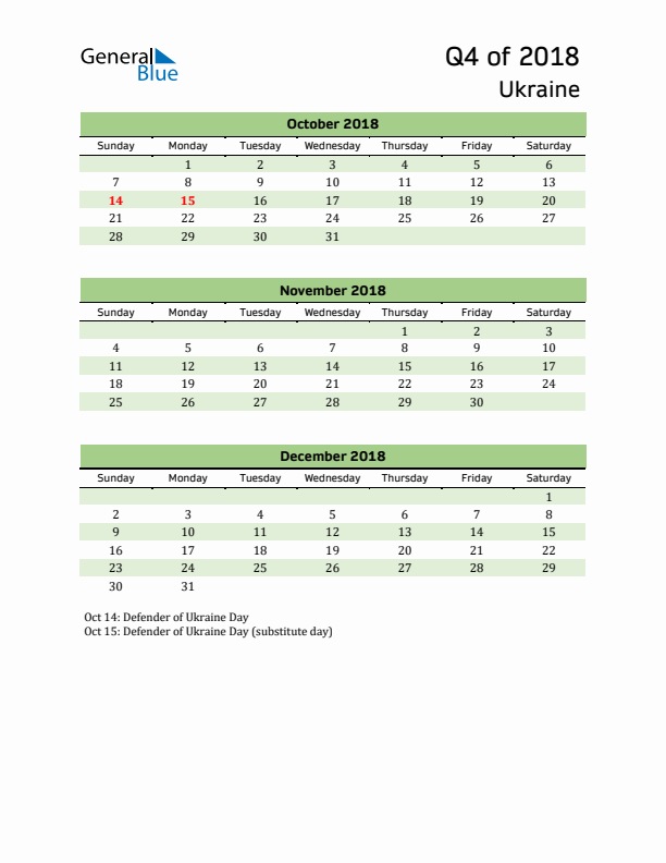 Quarterly Calendar 2018 with Ukraine Holidays