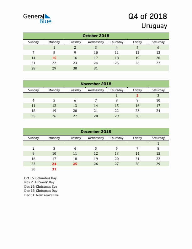 Quarterly Calendar 2018 with Uruguay Holidays