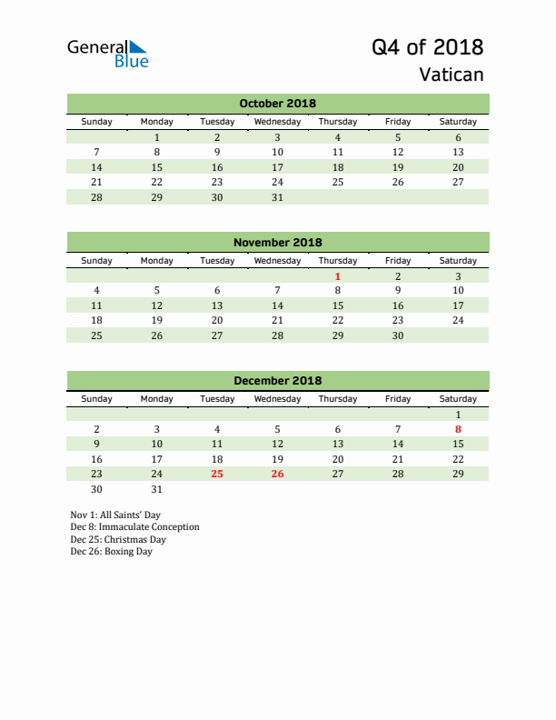 Quarterly Calendar 2018 with Vatican Holidays