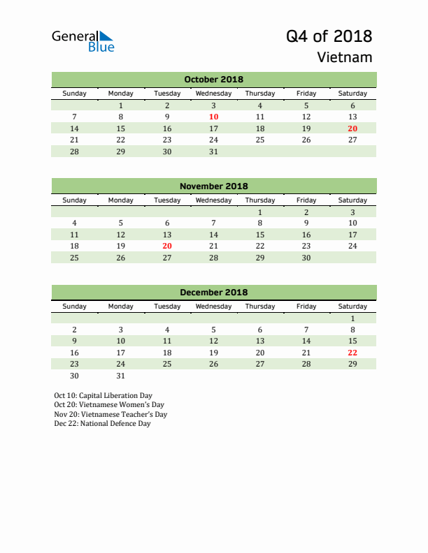 Quarterly Calendar 2018 with Vietnam Holidays