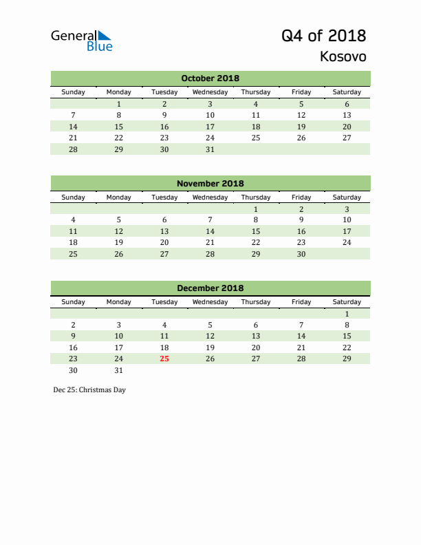 Quarterly Calendar 2018 with Kosovo Holidays