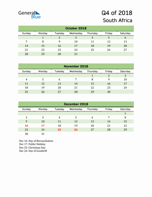 Quarterly Calendar 2018 with South Africa Holidays