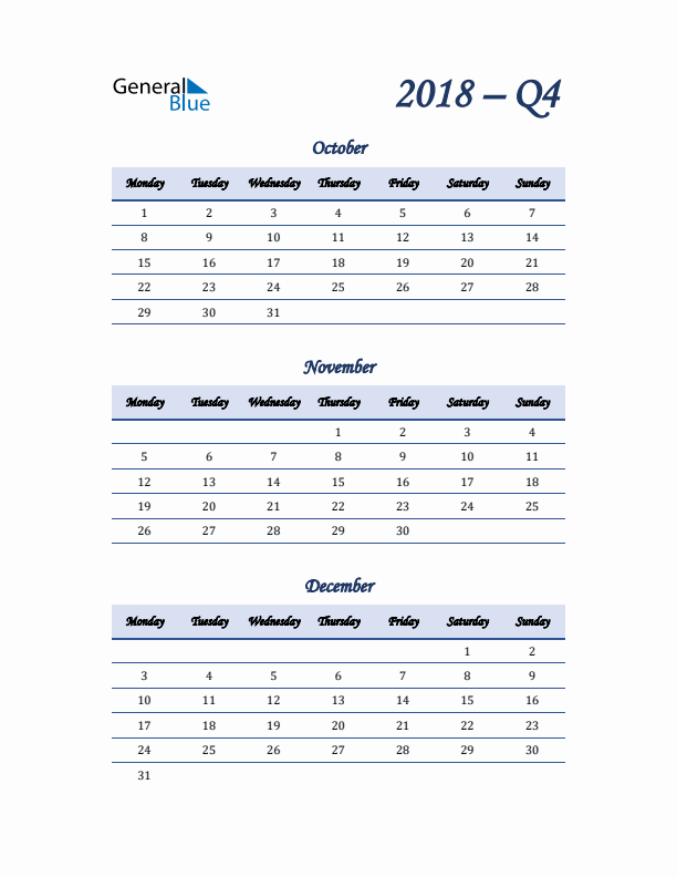 Monday Start 2018 Quarterly Calendar