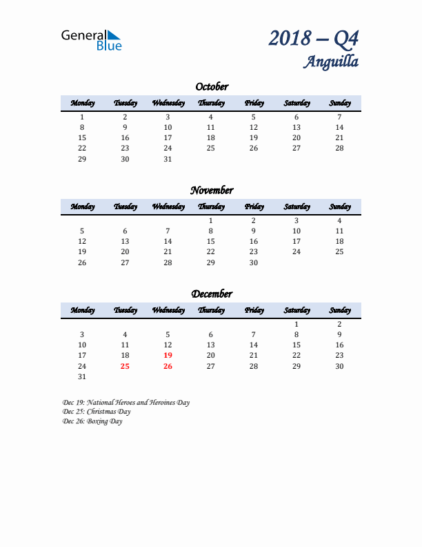 October, November, and December Calendar for Anguilla with Monday Start