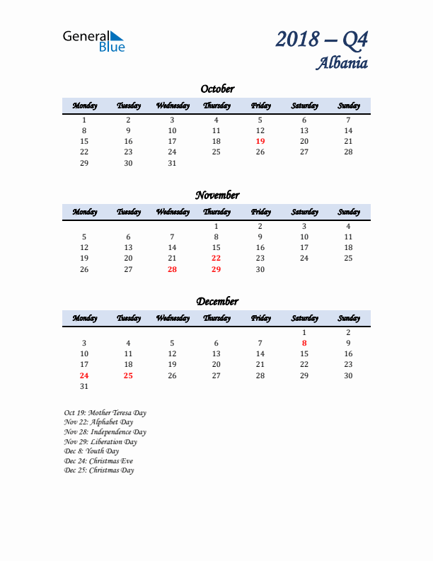 October, November, and December Calendar for Albania with Monday Start