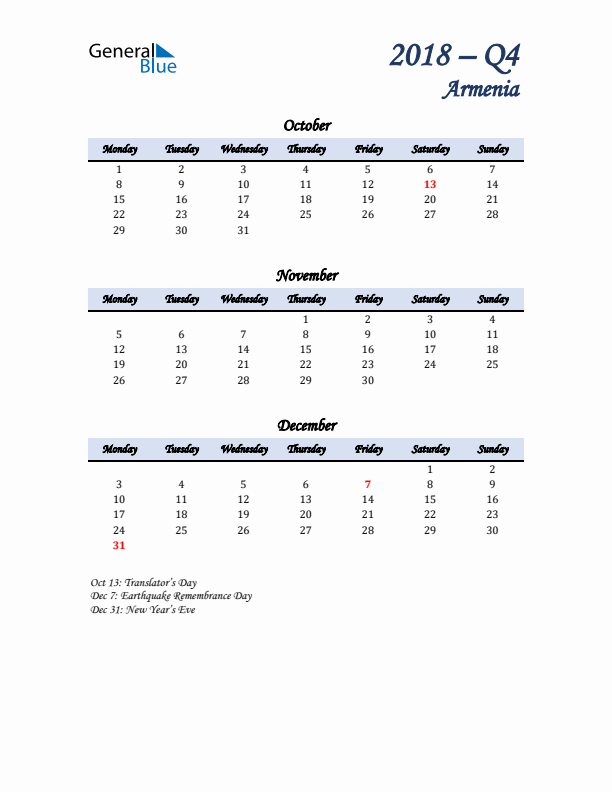 October, November, and December Calendar for Armenia with Monday Start