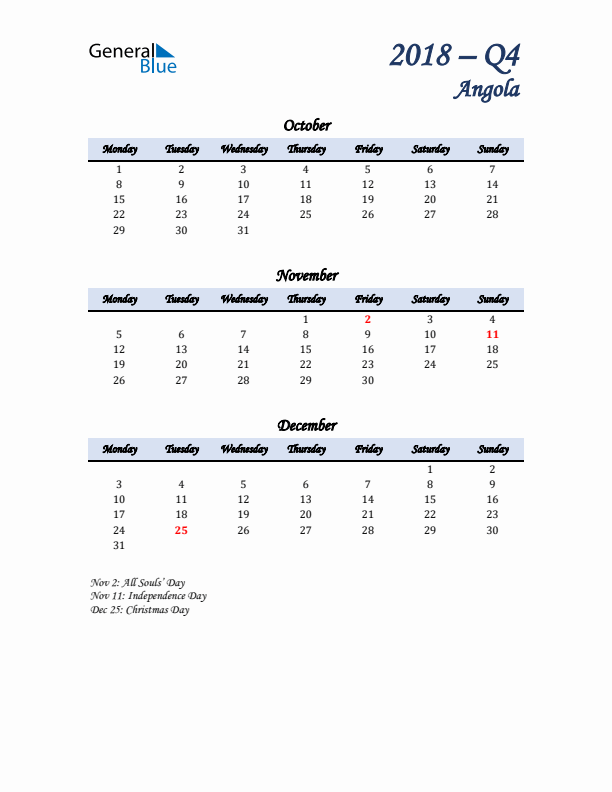 October, November, and December Calendar for Angola with Monday Start