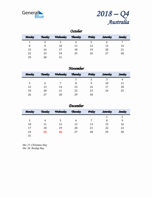 October, November, and December Calendar for Australia with Monday Start