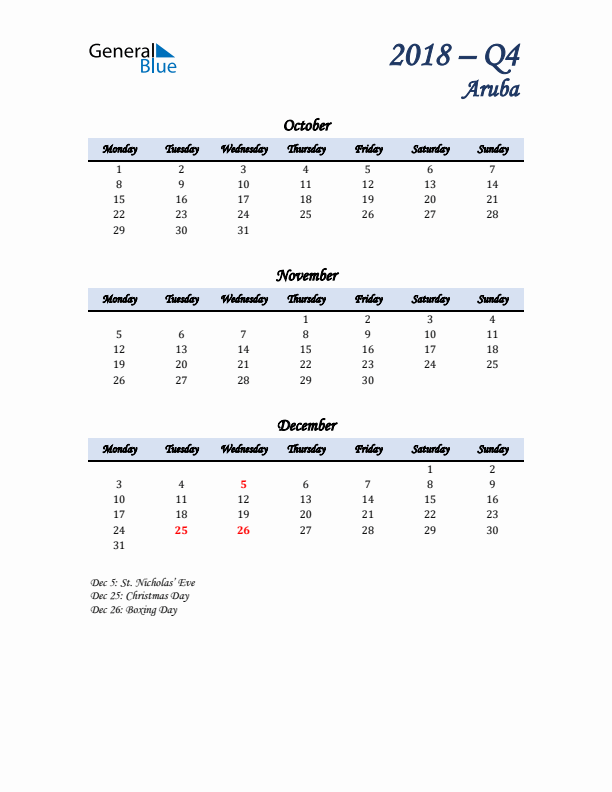 October, November, and December Calendar for Aruba with Monday Start