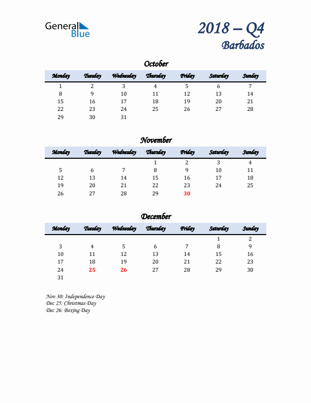 October, November, and December Calendar for Barbados with Monday Start