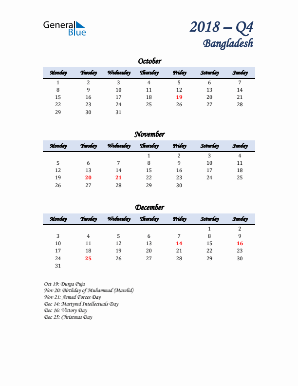 October, November, and December Calendar for Bangladesh with Monday Start