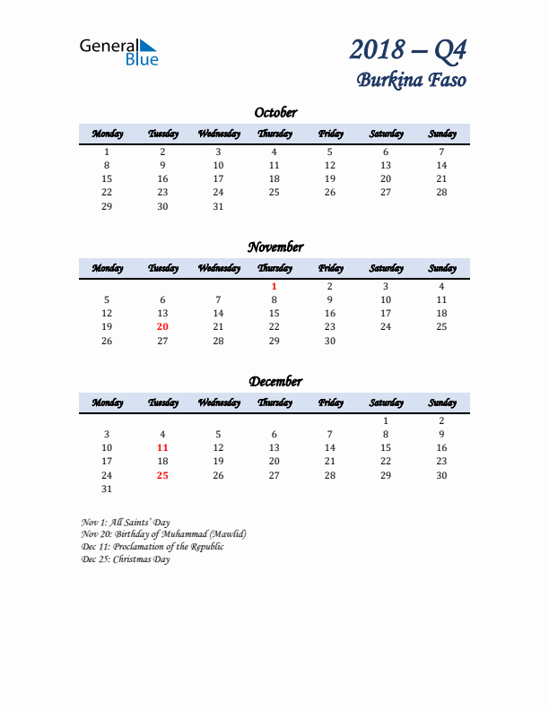 October, November, and December Calendar for Burkina Faso with Monday Start