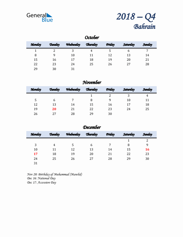 October, November, and December Calendar for Bahrain with Monday Start