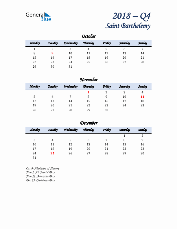 October, November, and December Calendar for Saint Barthelemy with Monday Start