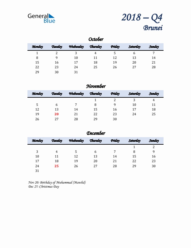 October, November, and December Calendar for Brunei with Monday Start