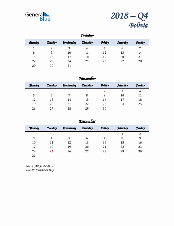 October, November, and December Calendar for Bolivia with Monday Start