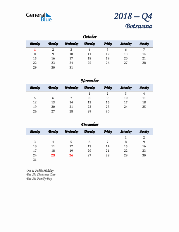 October, November, and December Calendar for Botswana with Monday Start