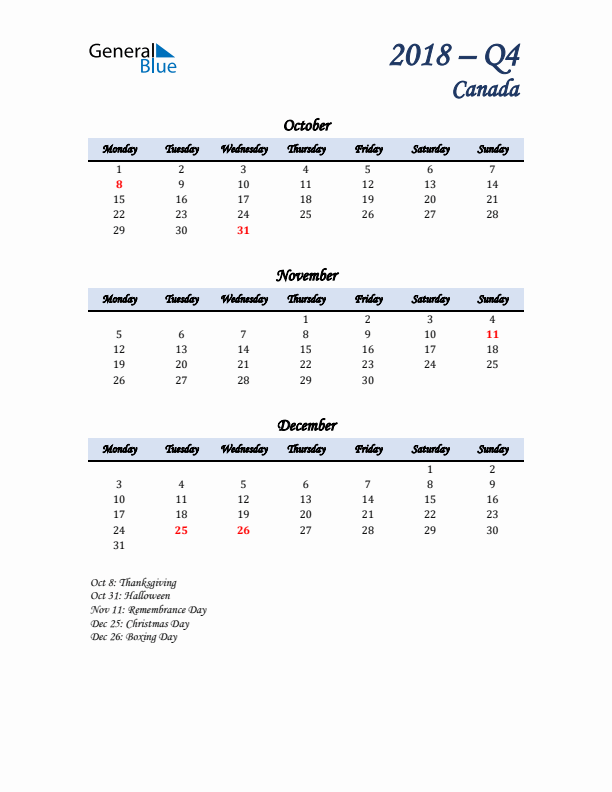 October, November, and December Calendar for Canada with Monday Start