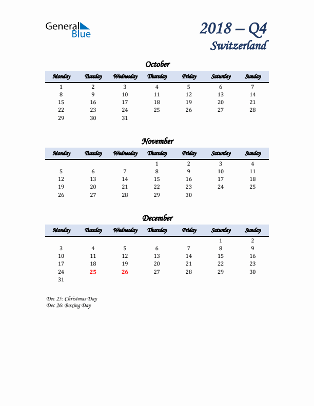 October, November, and December Calendar for Switzerland with Monday Start