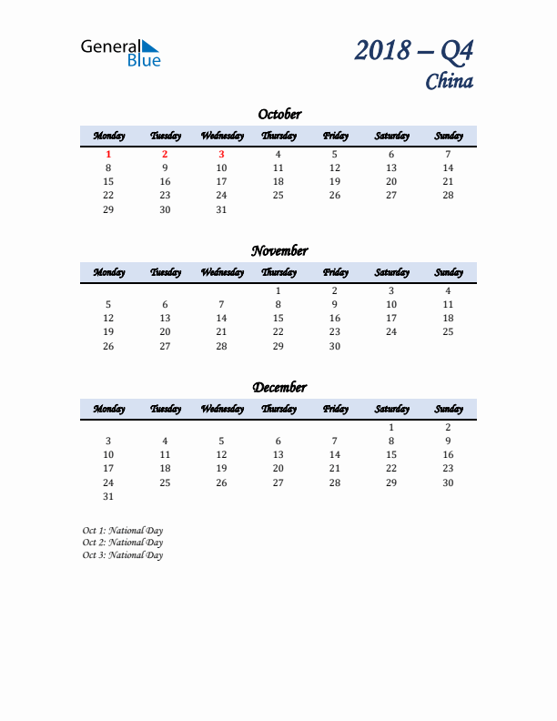 October, November, and December Calendar for China with Monday Start