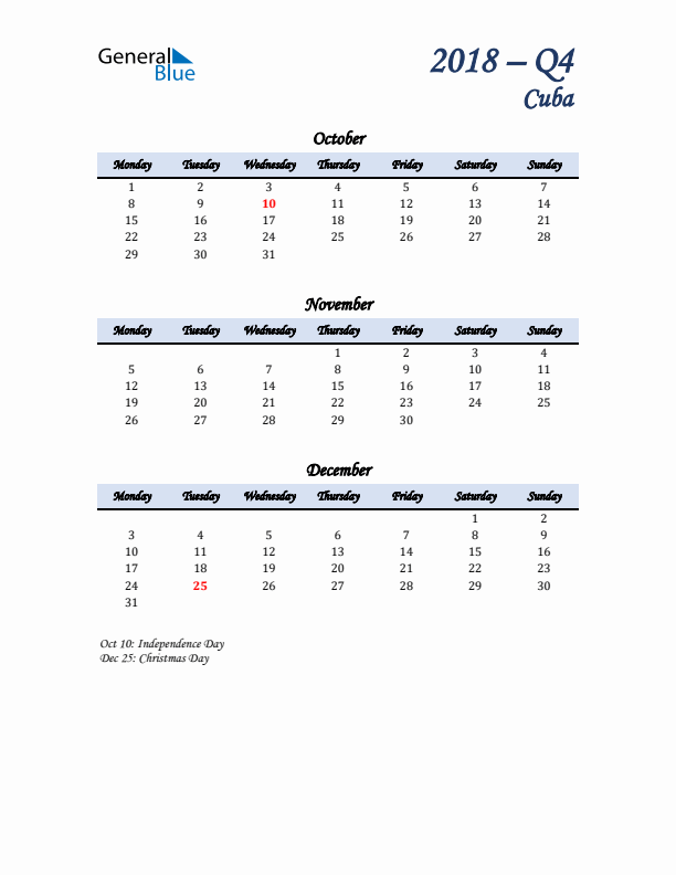 October, November, and December Calendar for Cuba with Monday Start