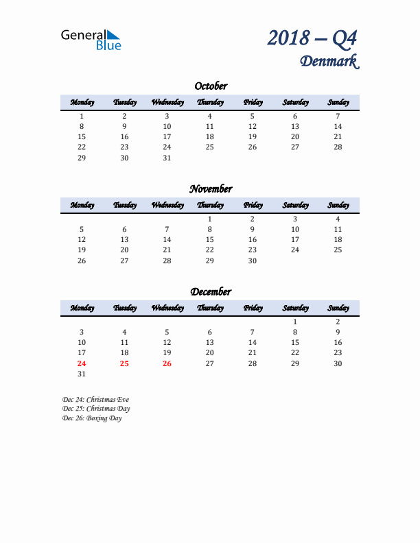 October, November, and December Calendar for Denmark with Monday Start