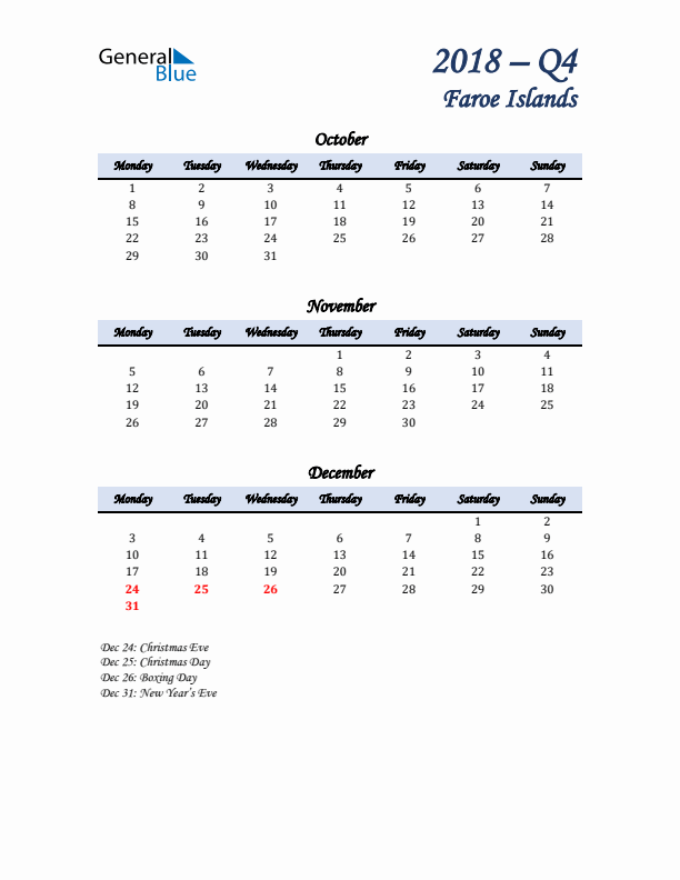 October, November, and December Calendar for Faroe Islands with Monday Start