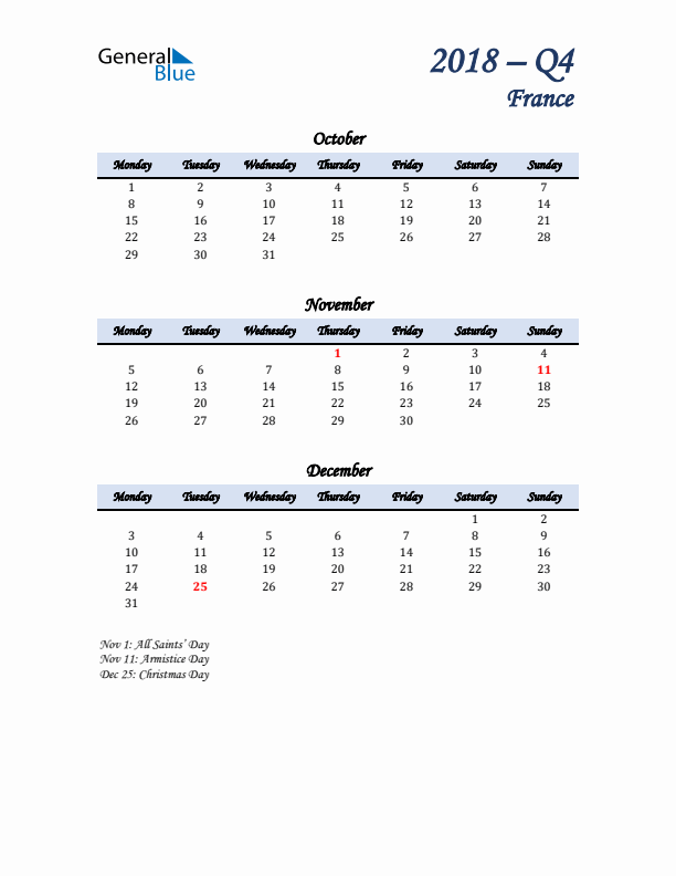 October, November, and December Calendar for France with Monday Start